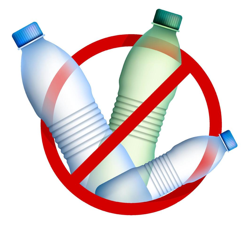 bouteilles en plastique sous panneau d'interdiction. lutter contre la pollution de l'environnement par les déchets plastiques. retraitement des matières premières. prendre soin de l'environnement. vecteur