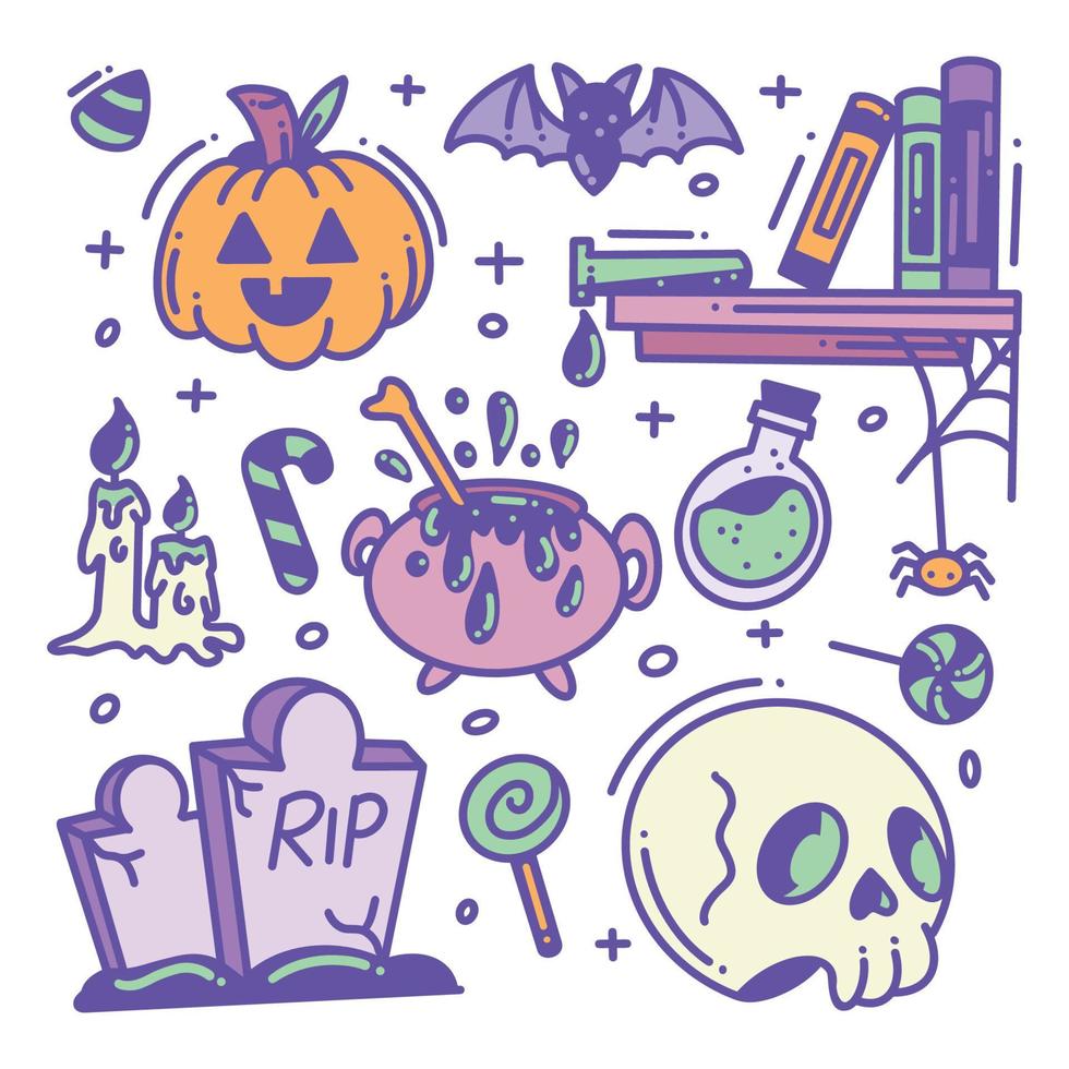 collection d'icônes d'éléments halloween dessinés à la main en couleur vecteur
