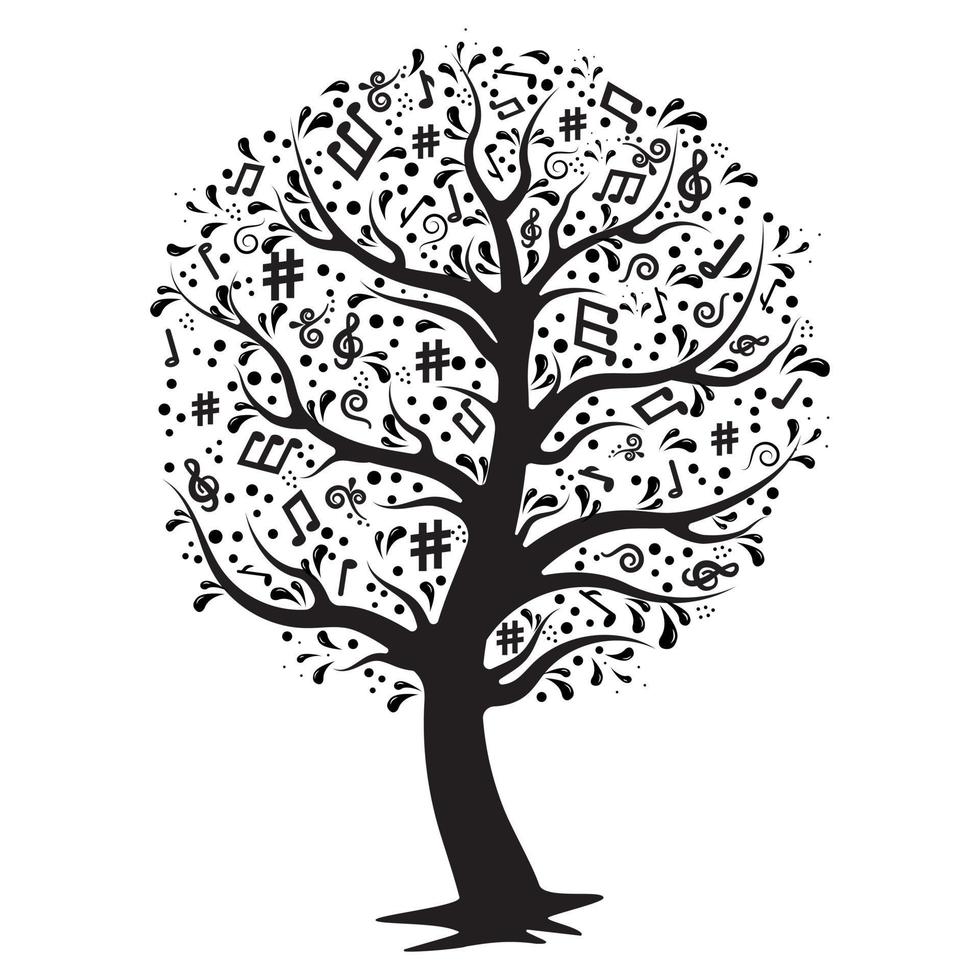 un arbre de notes de musique isolé sur fond blanc, silhouette noire, illustration vectorielle. vecteur