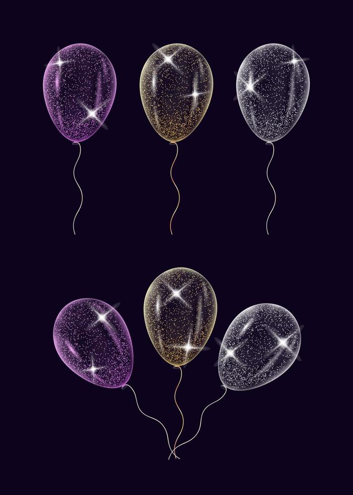 ensemble de boules brillantes transparentes. ballons avec des rubans isolés sur fond bleu. ballon réaliste pour le festival, illustration de ballon d'hélium volant vecteur