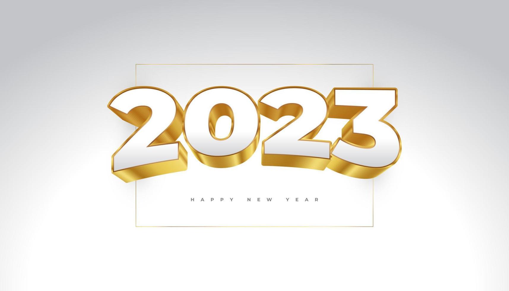 bonne année 2023 avec des nombres 3d blancs et or isolés sur fond blanc. conception de nouvel an pour bannière, affiche et carte de voeux vecteur