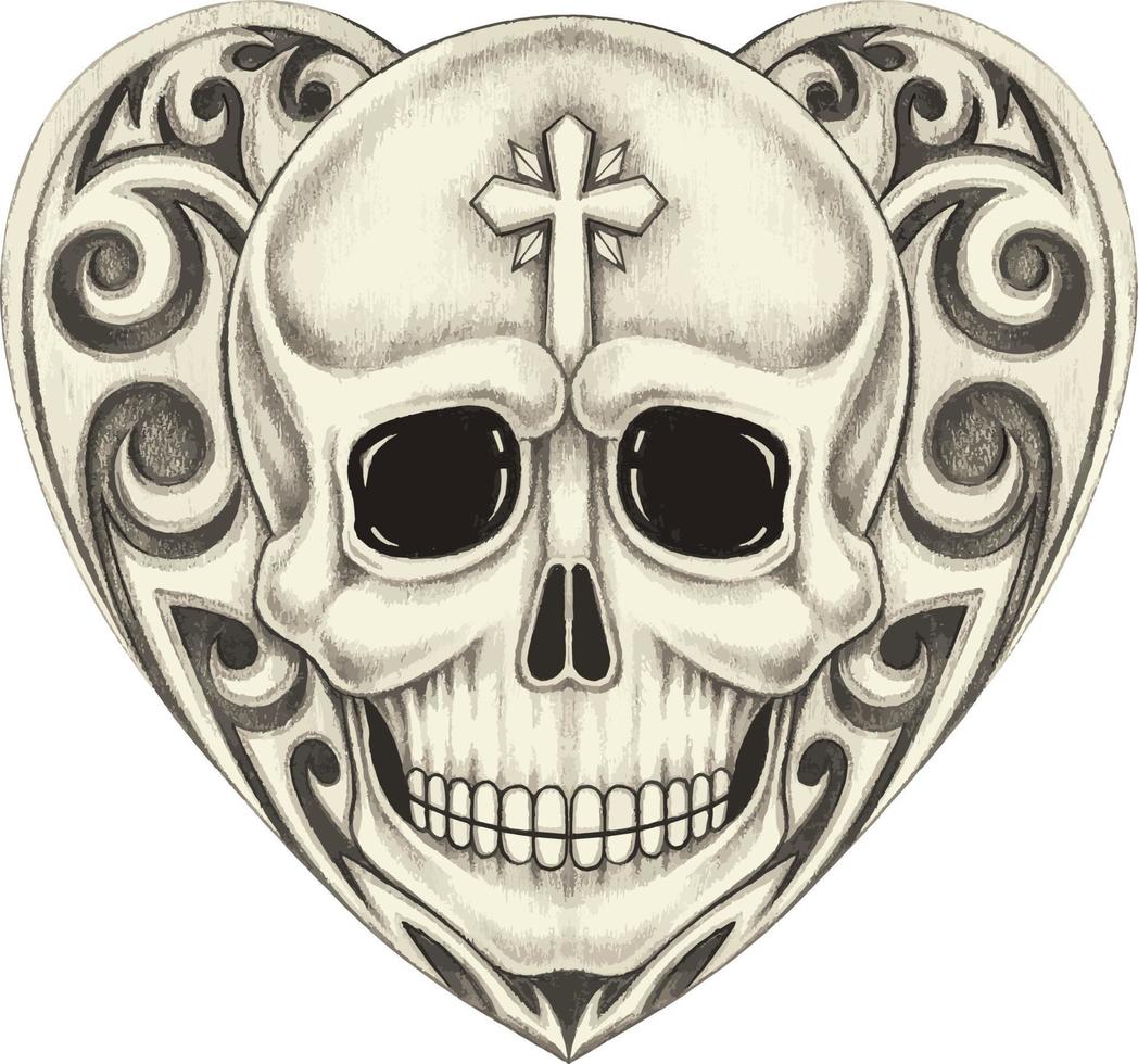 tatouage de crâne de mélange de coeur vintage d'art. dessin à la main et faire du vecteur graphique.