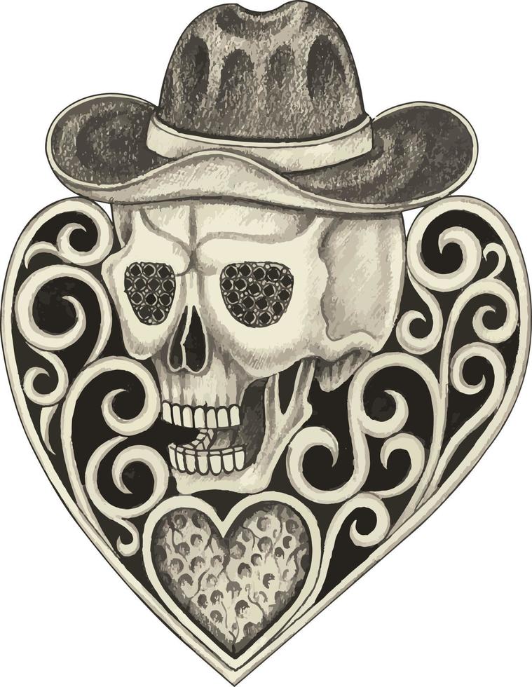 tatouage de crâne de cow-boy de mélange de coeur vintage d'art. dessin à la main et faire du vecteur graphique.