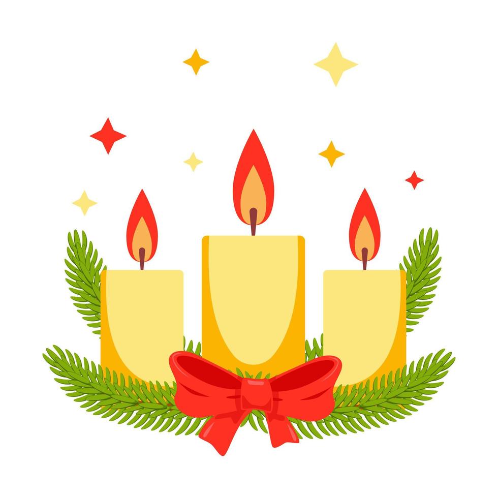 bougies de noël, branches vertes de sapin de noël, arc rouge. carte de voeux festive, nouvel an. décoration, aménagement d'intérieur vecteur