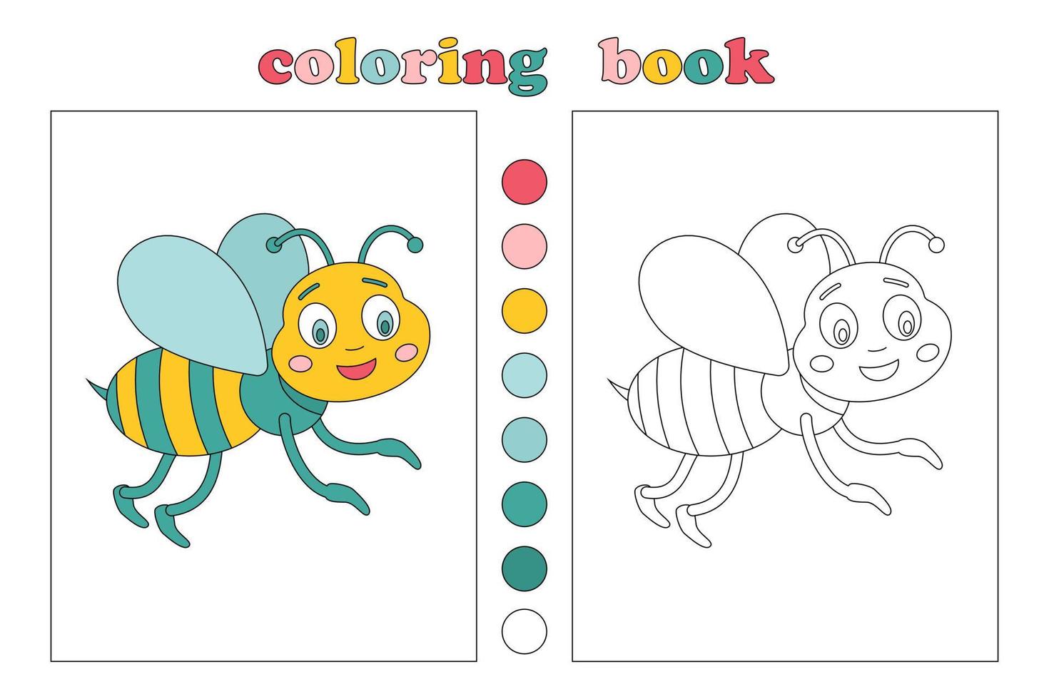 livre de coloriage pour les enfants, coloriage avec petite abeille. illustration de dessin animé en noir et blanc et en couleur avec des échantillons de lettrage et de couleur. nous dessinons et jouons avec les enfants. éducation des enfants vecteur