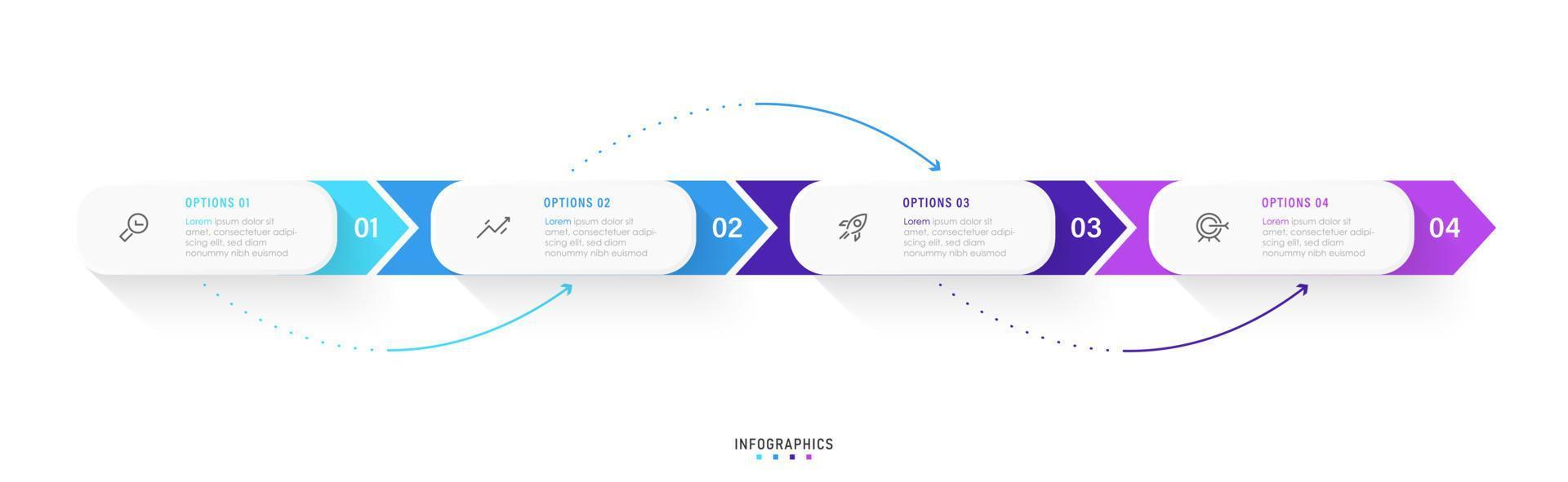 modèle de conception d'étiquettes infographiques vectorielles avec icônes et 4 options ou étapes. peut être utilisé pour le diagramme de processus, les présentations, la mise en page du flux de travail, la bannière, l'organigramme, le graphique d'informations. vecteur