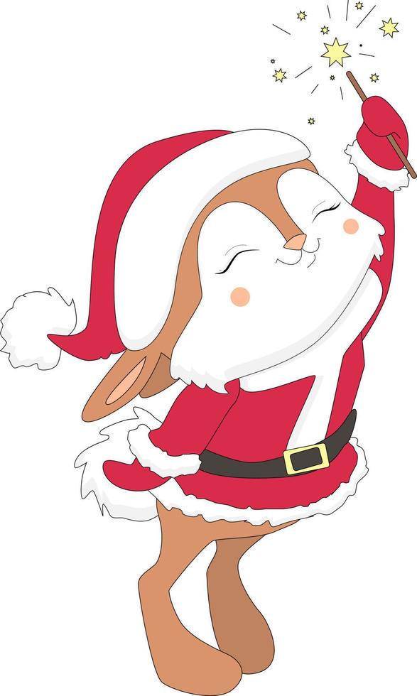 mascotte de lapin drôle et mignonne, vêtue d'un costume de père noël, animal de dessin animé avec des étincelles, styles kawaii, appartements, image vectorielle, pour enfants et adultes, pour autocollants. joyeux Noël. symbole 2023. vecteur