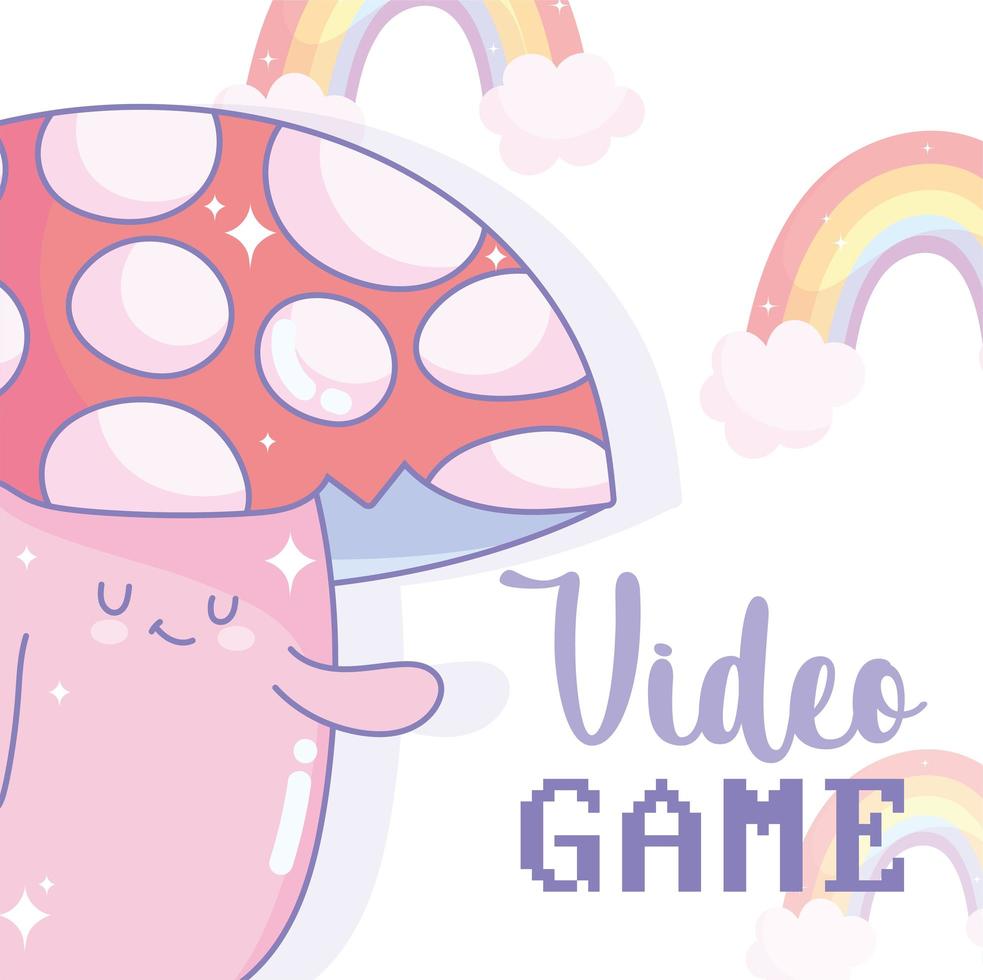 personnage de champignon avec lettrage de jeu vidéo et arcs-en-ciel vecteur