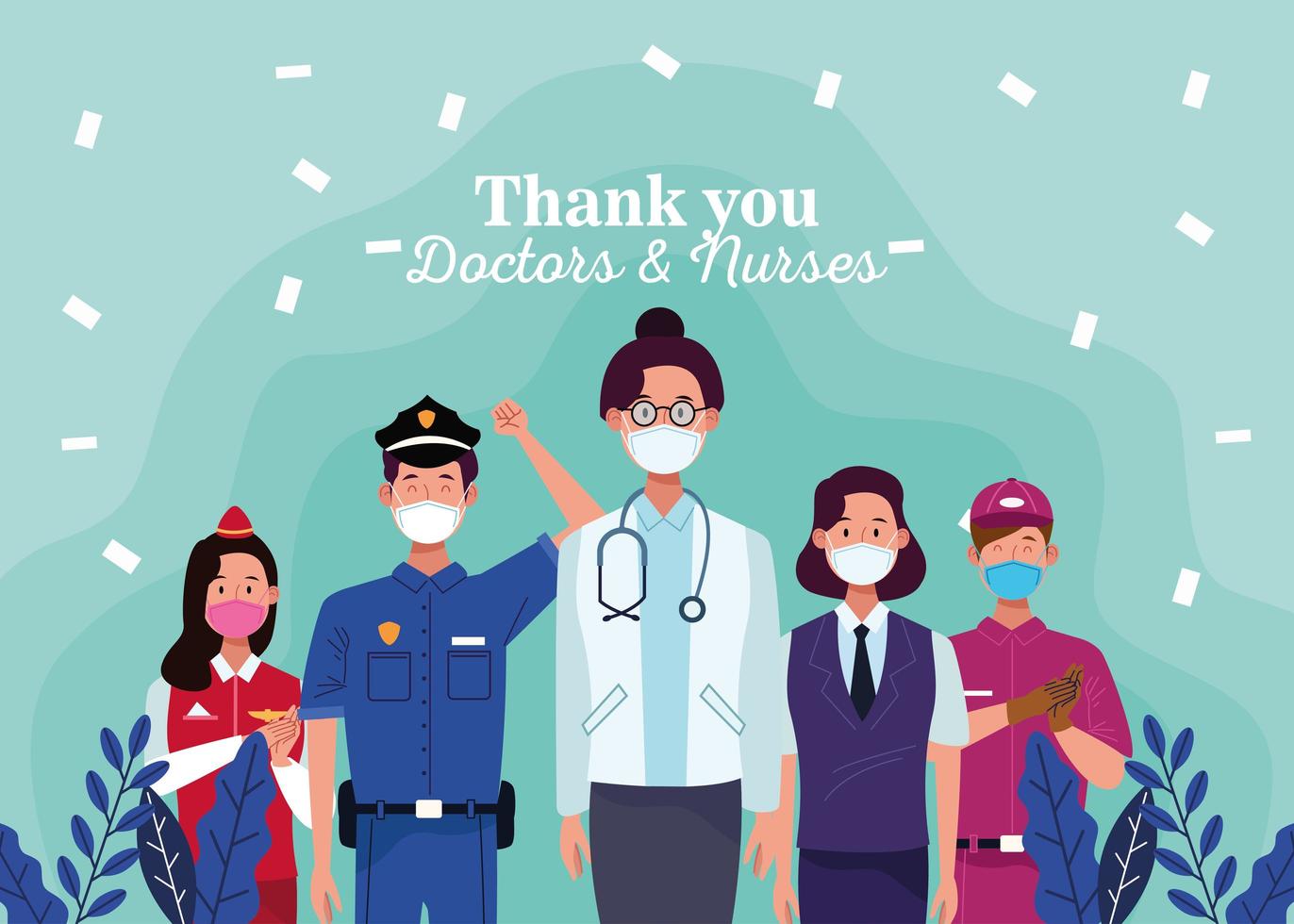 travailleurs utilisant des masques médicaux avec un message de remerciement aux médecins et infirmières vecteur