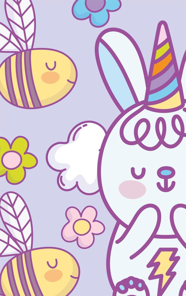 petit lapin kawaii avec chapeau de fête et abeilles vecteur