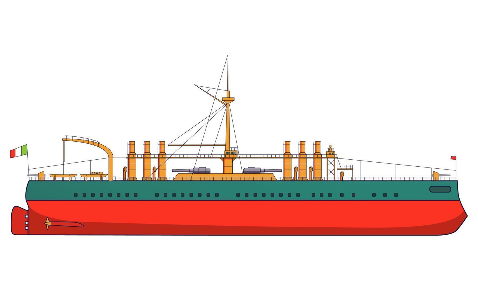 cuirassé italien italie combattre l'artillerie navale. navire militaire avec vue latérale des armes à feu et vue de dessus. dessin au trait plat vector illustration.armored warship.isolated sur fond blanc.