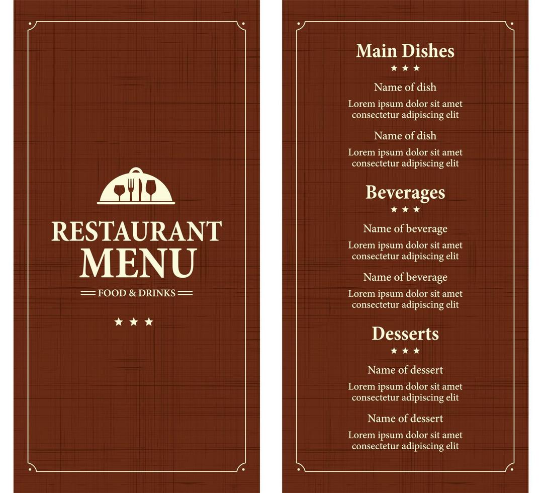 menu du restaurant nourriture et boissons dans un style rétro. modèle de menu sur fond marron vecteur