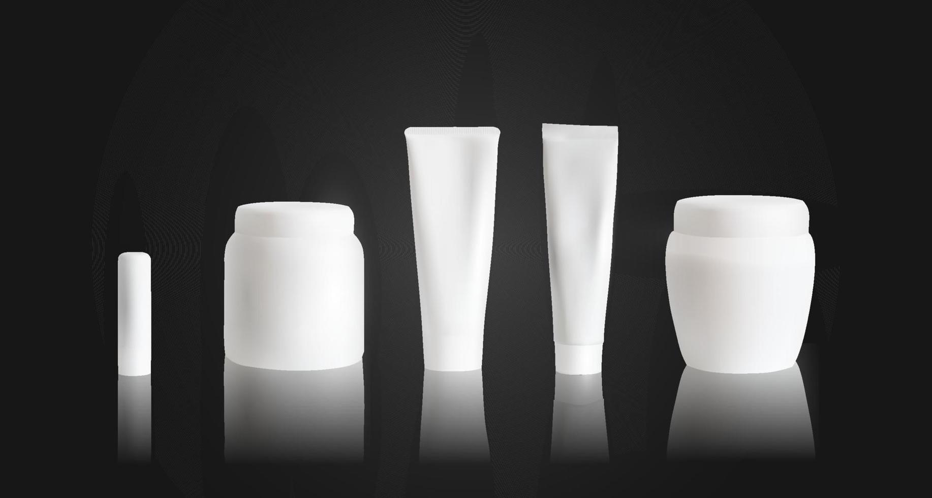 maquette de tube de crème avec pot blanc et rouge à lèvres sur fond noir. maquette d'emballage de cosmétiques. illustration vectorielle. vecteur