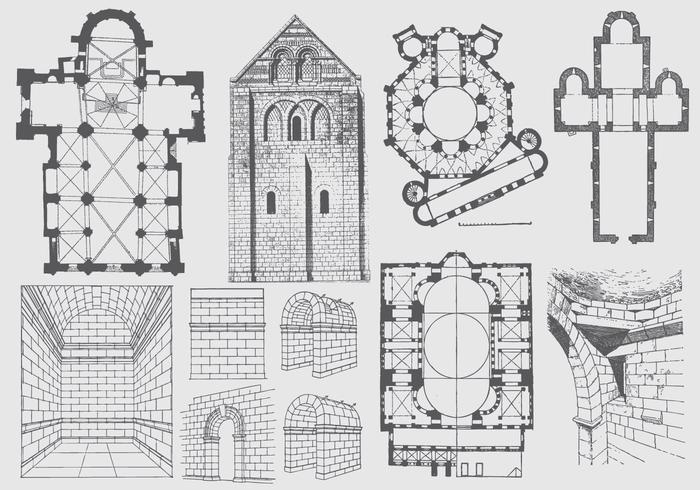 Plan d'architecture antique et illustrations vecteur