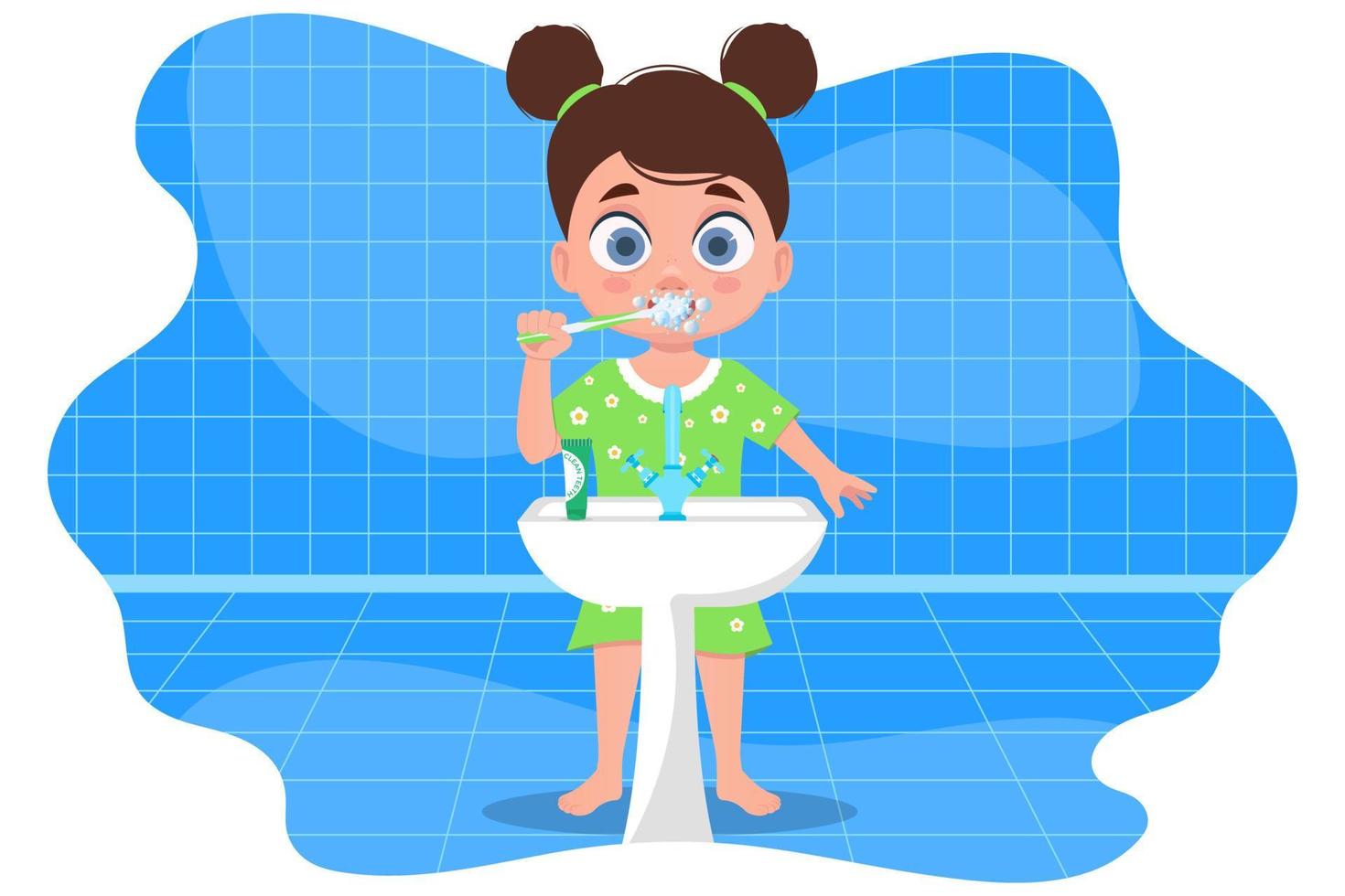 enfant en pyjama se brosser les dents, dans la salle de bain vecteur