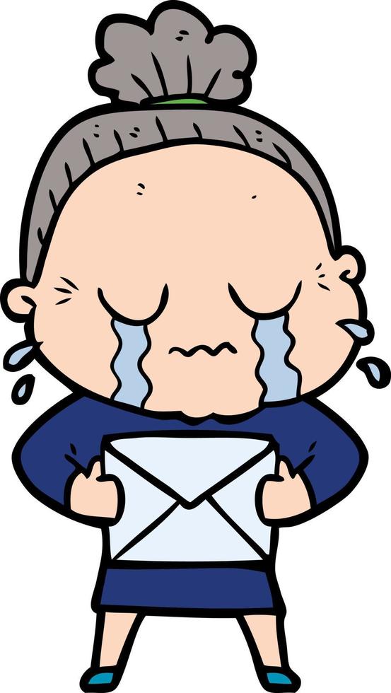 dessin animé vieille femme pleurant avec lettre vecteur