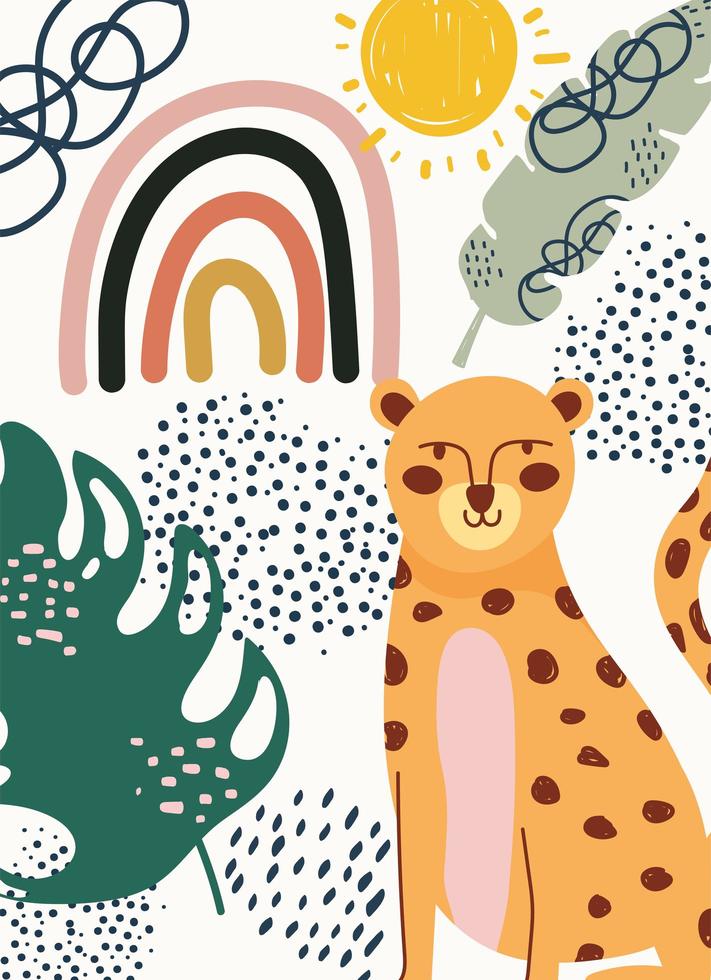 dessin à la main contemporain de léopard avec des feuilles vecteur