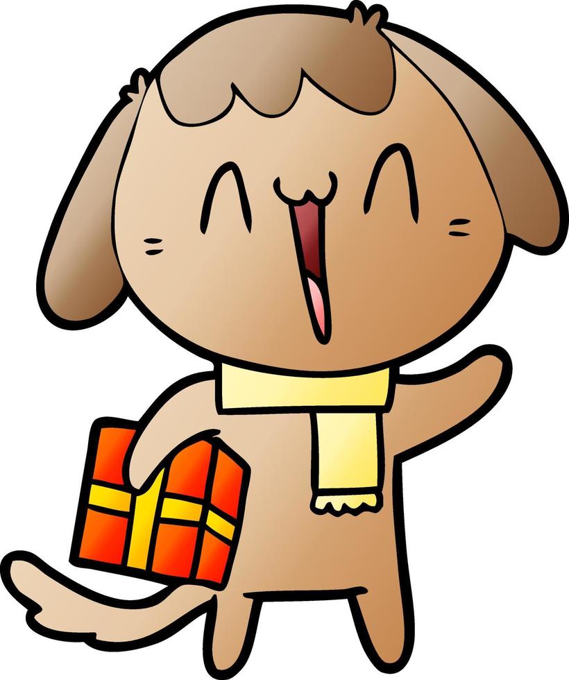 chien de dessin animé mignon avec cadeau de noël vecteur