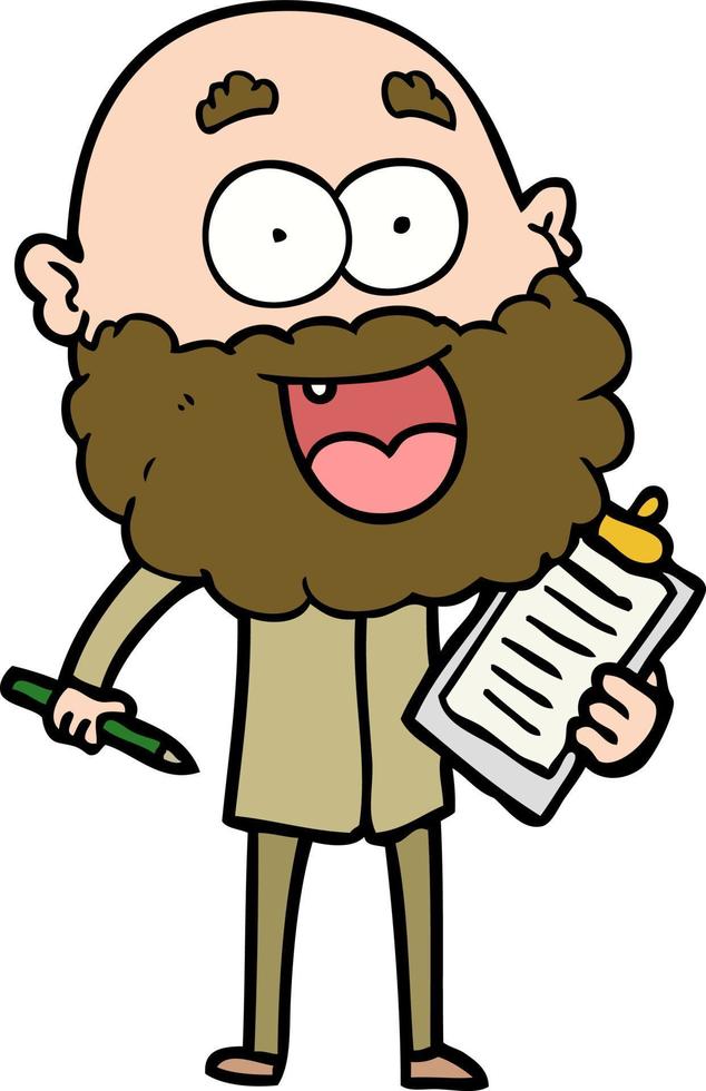 dessin animé fou heureux homme avec barbe et presse-papiers pour les notes vecteur