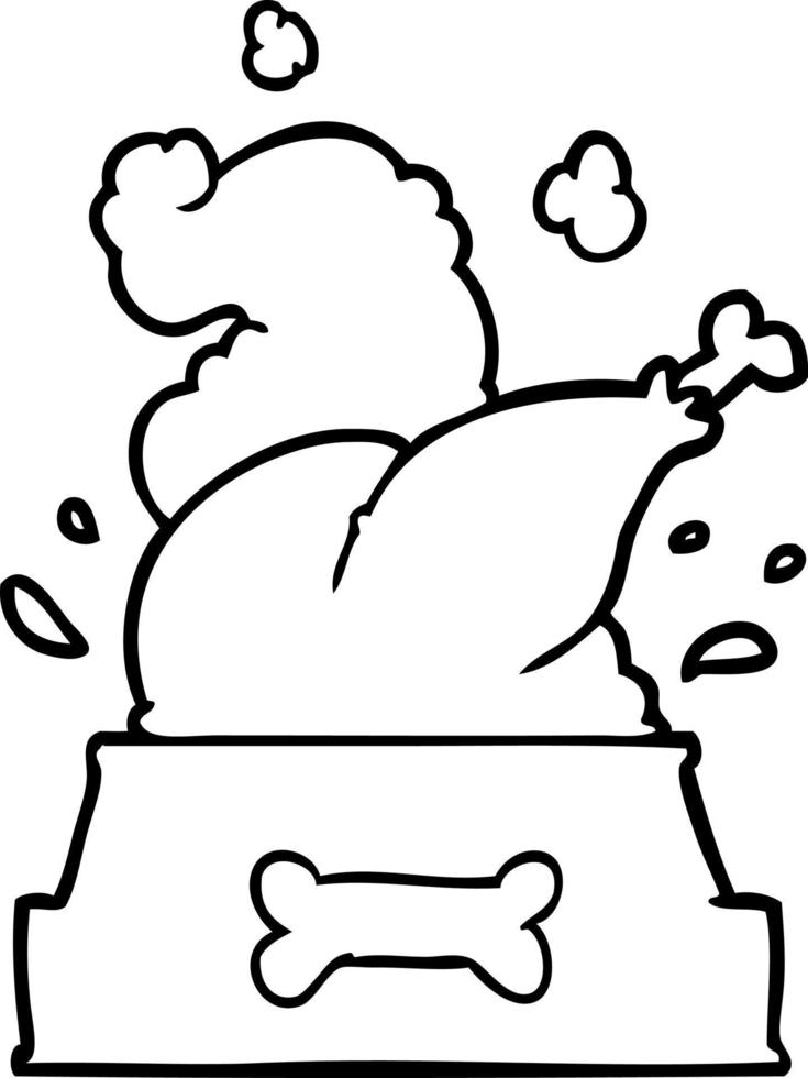 dessin au trait d'une dinde cuite entière entassée dans un bol de chien pour un chiot joyeux noël vecteur