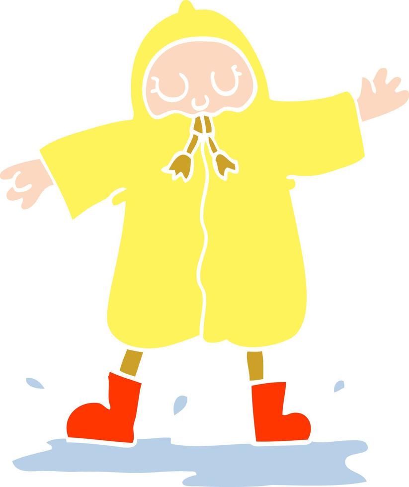 personne de dessin animé illustration couleur plate éclaboussant dans une flaque portant un manteau de pluie vecteur
