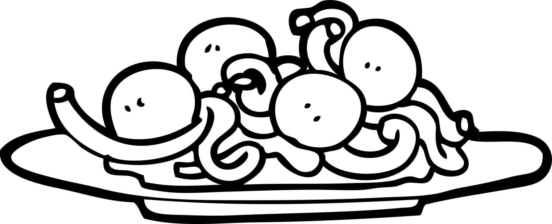 spaghetti et boulettes de viande de dessin animé noir et blanc vecteur