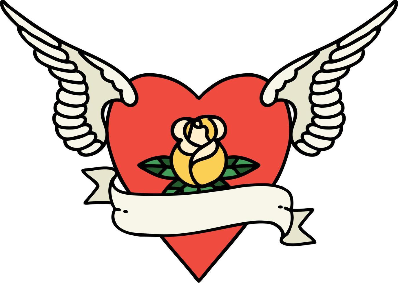 tatouage traditionnel d'un coeur avec des ailes une rose et une bannière vecteur
