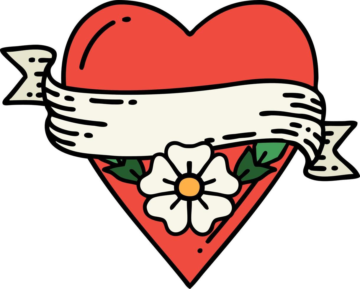 tatouage traditionnel d'une fleur de coeur et d'une bannière vecteur