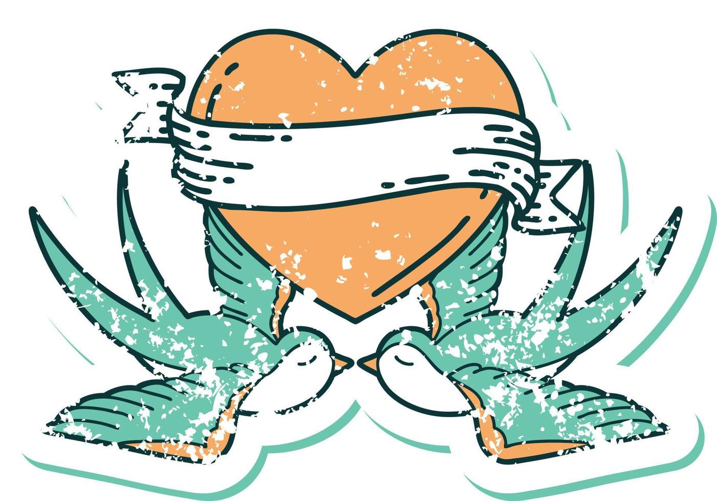 icône de style tatouage autocollant en détresse d'une hirondelle et d'un coeur avec bannière vecteur