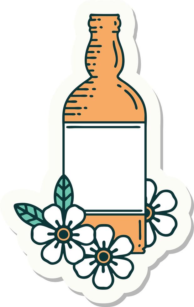 autocollant de style tatouage d'une bouteille de rhum et de fleurs vecteur