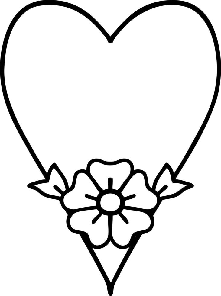 Tatouage ligne noire d'un coeur et d'une fleur vecteur