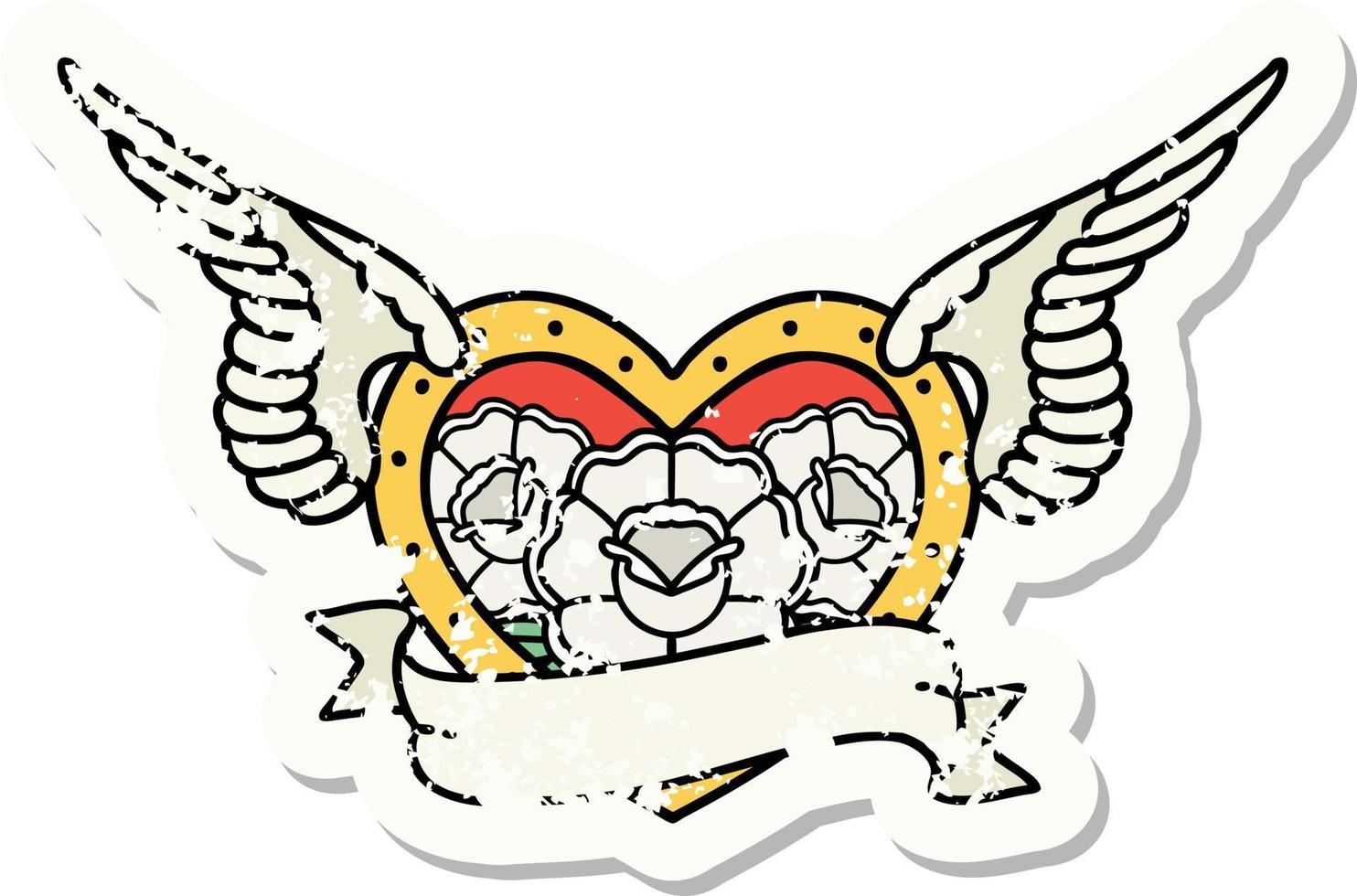 tatouage traditionnel d'autocollant en détresse d'un coeur volant avec des fleurs et une bannière vecteur