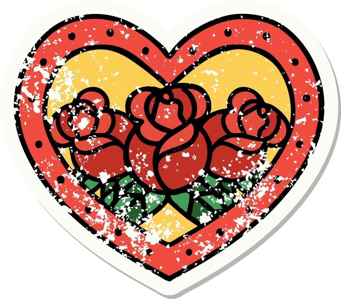 tatouage d'autocollant en détresse dans le style traditionnel d'un coeur et de fleurs vecteur