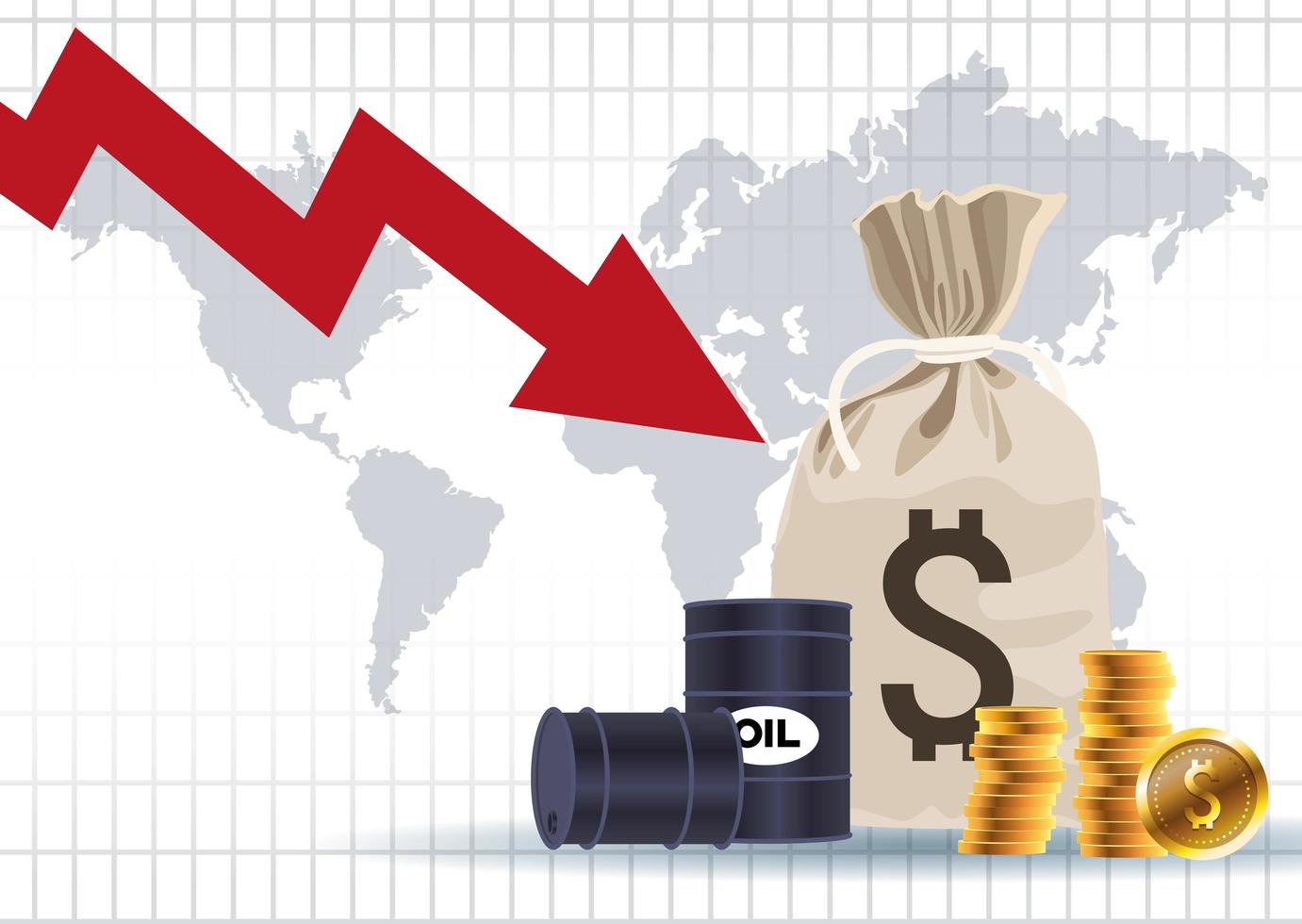 Marché des prix du pétrole avec des barils et des pièces de monnaie sac d'argent vecteur