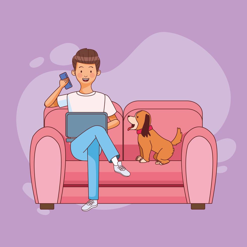 homme avec ordinateur portable et chien au bureau à domicile vecteur