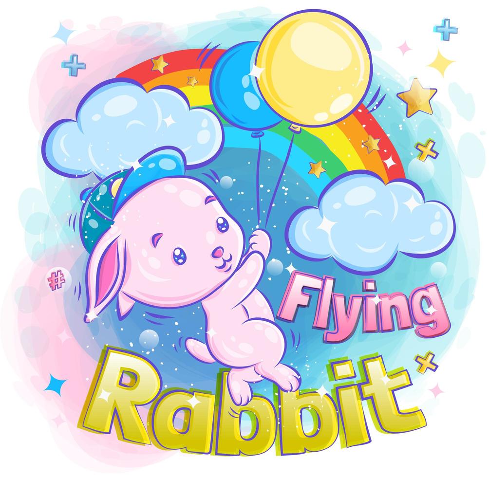 mignon petit lapin volant avec ballon vecteur