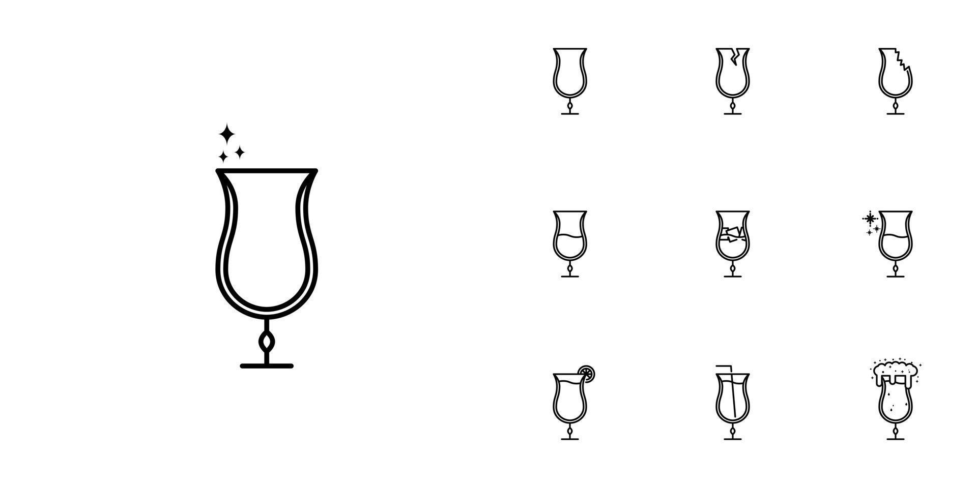 dix ensembles d'icônes de ligne de verre ouragan. avec une paille, du citron, un glaçon, du soda, de la mousse et de l'eau froide. style simple, ligne, silhouette et épuré. noir et blanc. adapté aux symboles, signes, icônes ou logos vecteur