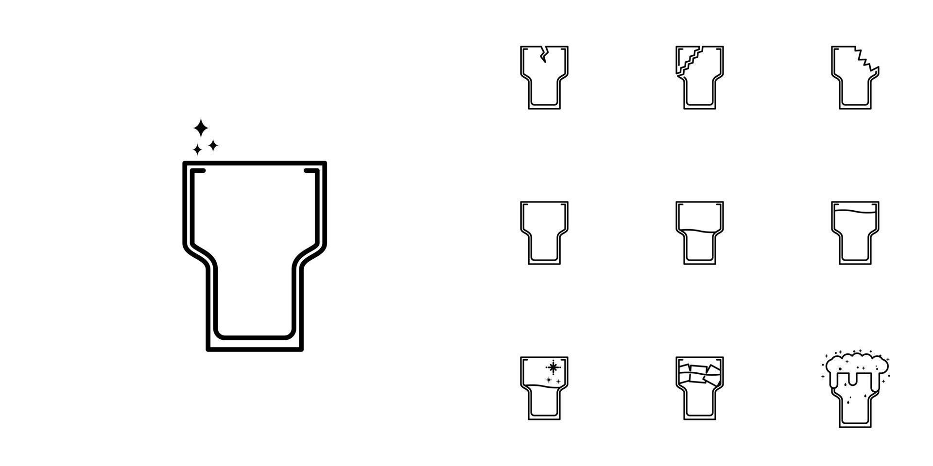 dix ensembles d'icônes de ligne de verre à bille haute. avec glaçon, soda, mousse et eau froide. style simple, ligne, silhouette et épuré. noir et blanc. adapté aux symboles, signes, icônes ou logos vecteur