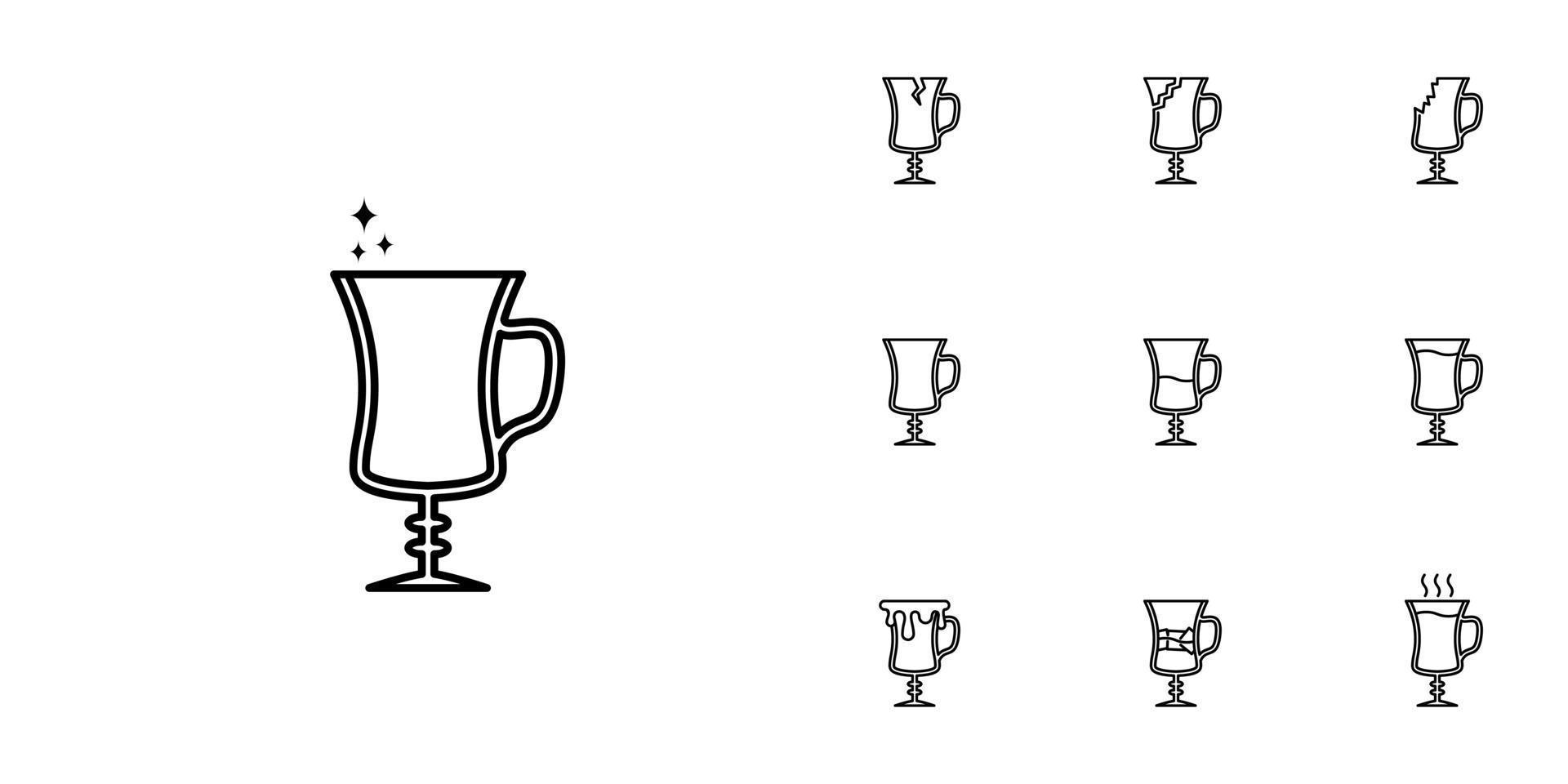 dix ensembles d'icônes de ligne de verre de café irlandais. avec glaçons, eau chaude et eau froide. style simple, ligne, silhouette et épuré. noir et blanc. adapté aux symboles, signes, icônes ou logos vecteur