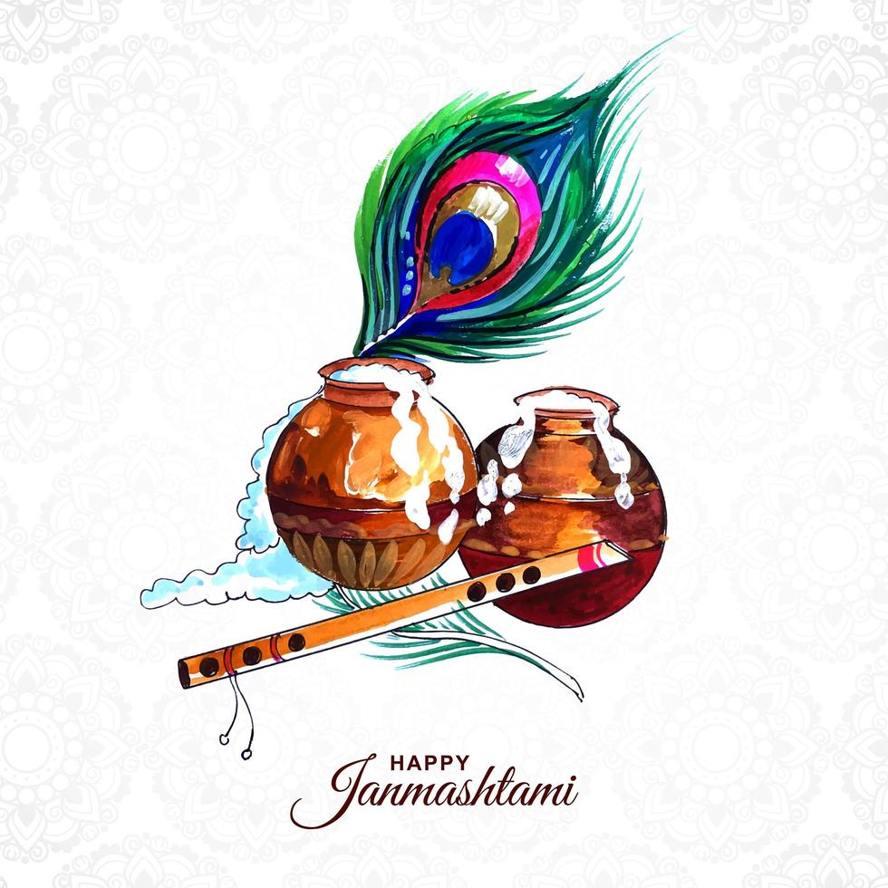 plume de paon, pots, flûte pour carte shree krishna janmashtami vecteur