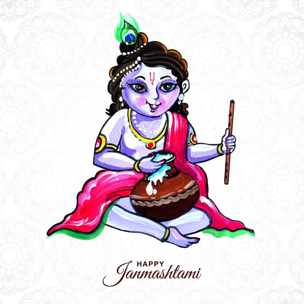 seigneur krishna assis avec du porridge joyeux fond de ganmashtami vecteur