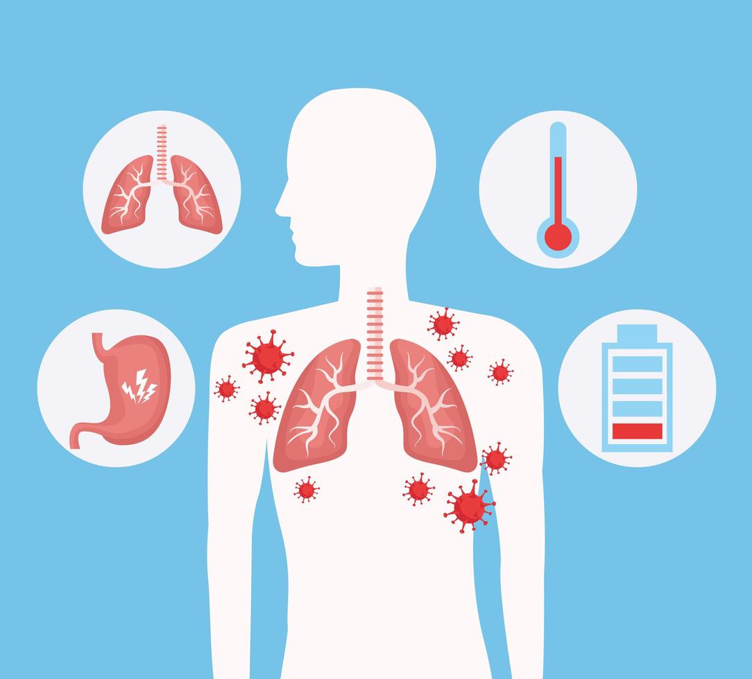 silhouette humaine avec poumons et ensemble d'icônes covid 19 vecteur