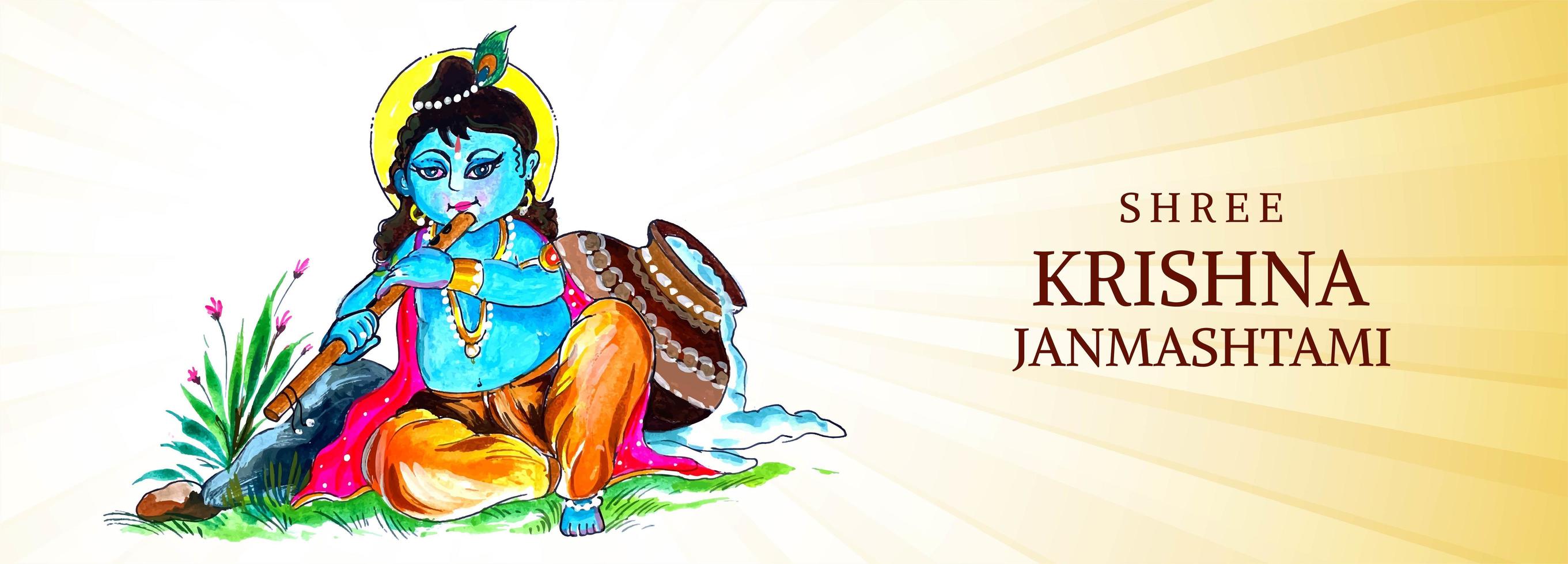 heureux krishna assis et jouant de la flûte bannière du festival janmashtami vecteur