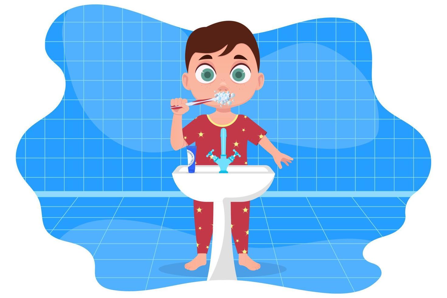 enfant en pyjama rouge se brosser les dents, dans la salle de bain vecteur