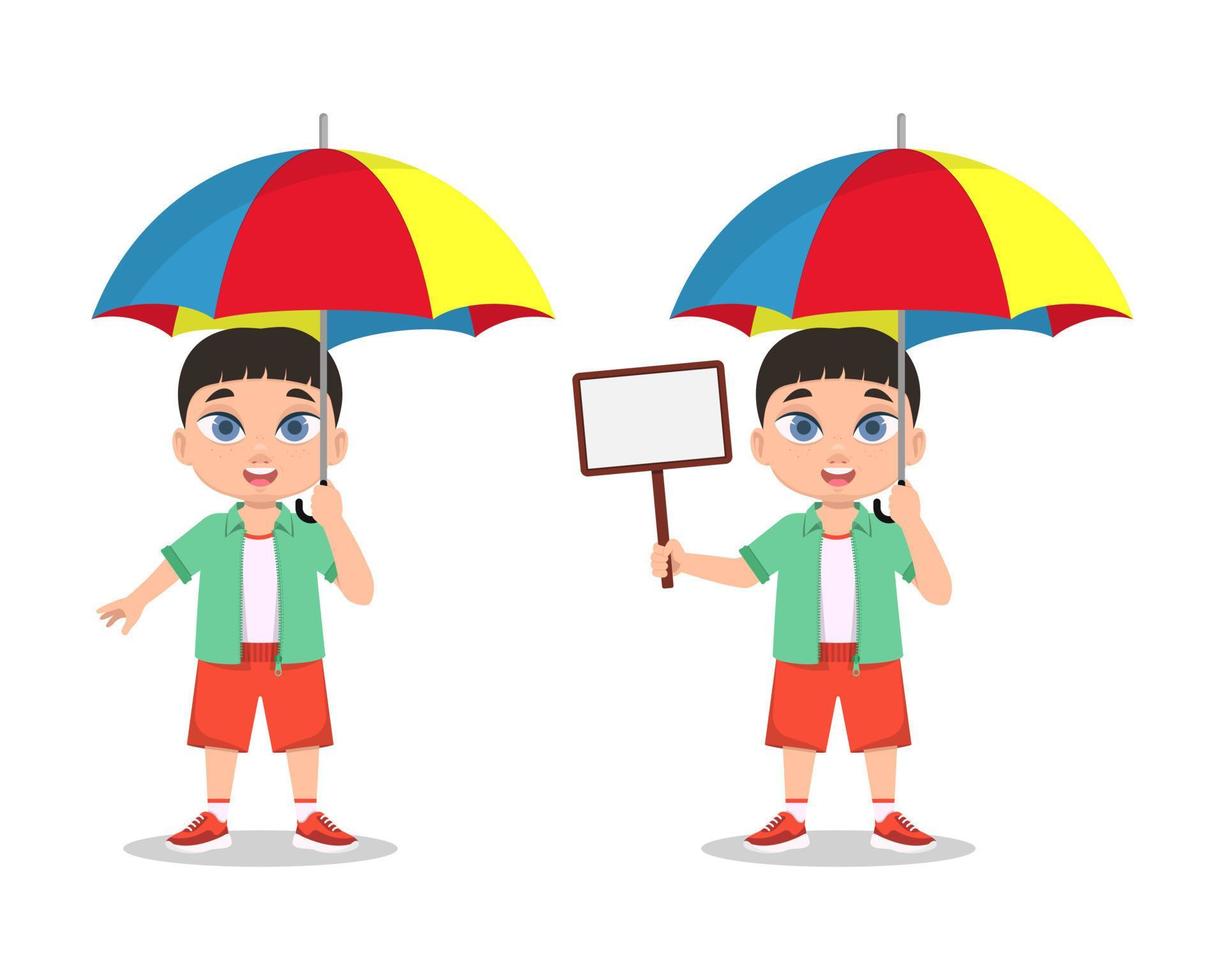 un enfant sous un parapluie, une pancarte à la main vecteur
