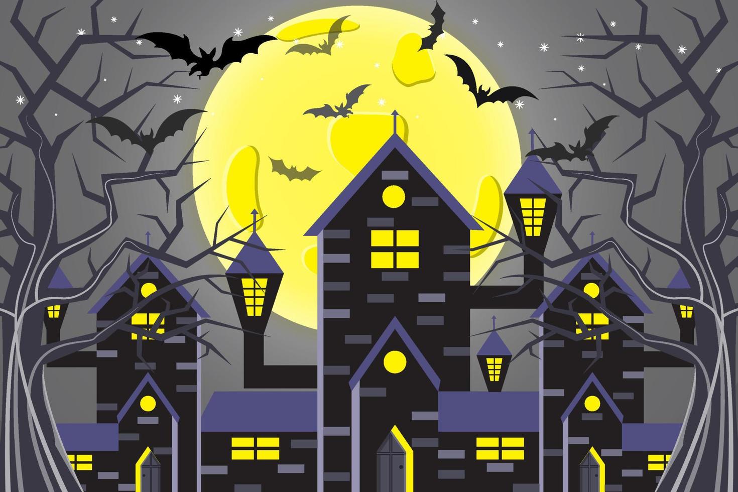 célébration d'halloween avec château, arbre sec, chauves-souris et pleine lune vecteur