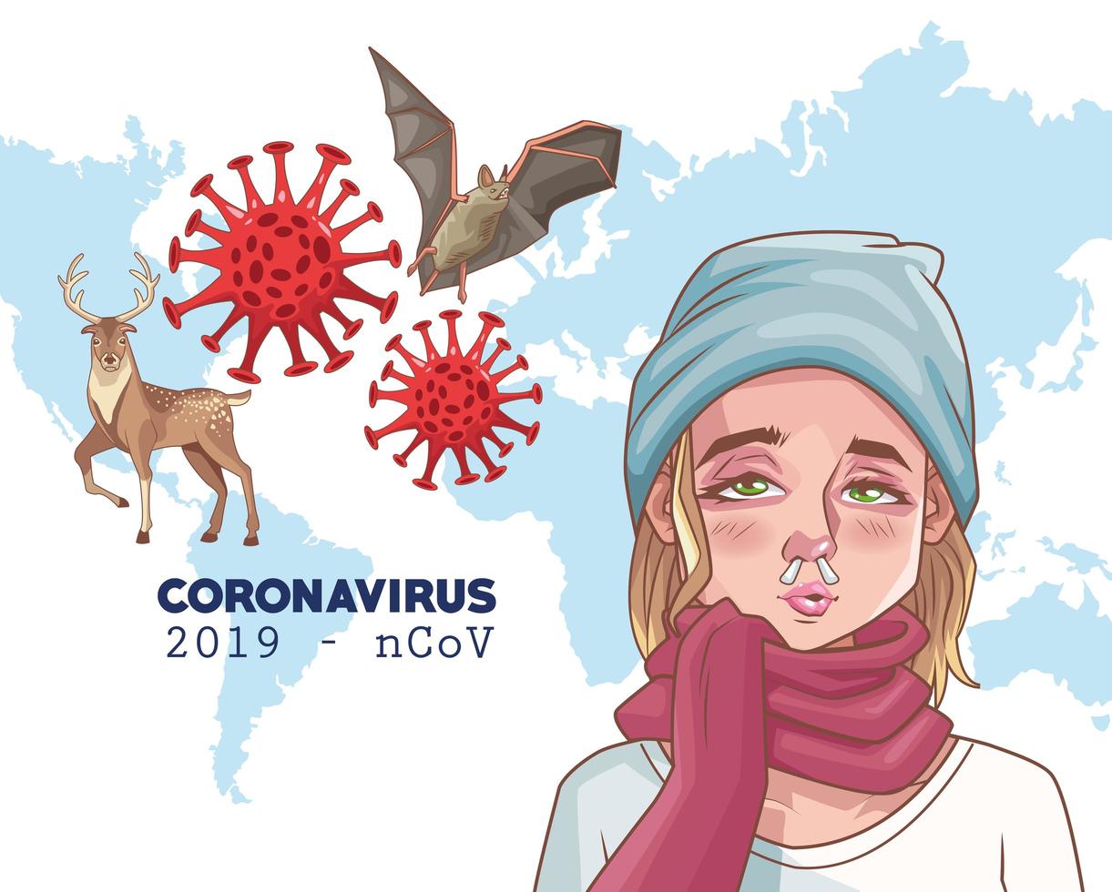 infographie de coronavirus avec femme malade et animaux vecteur