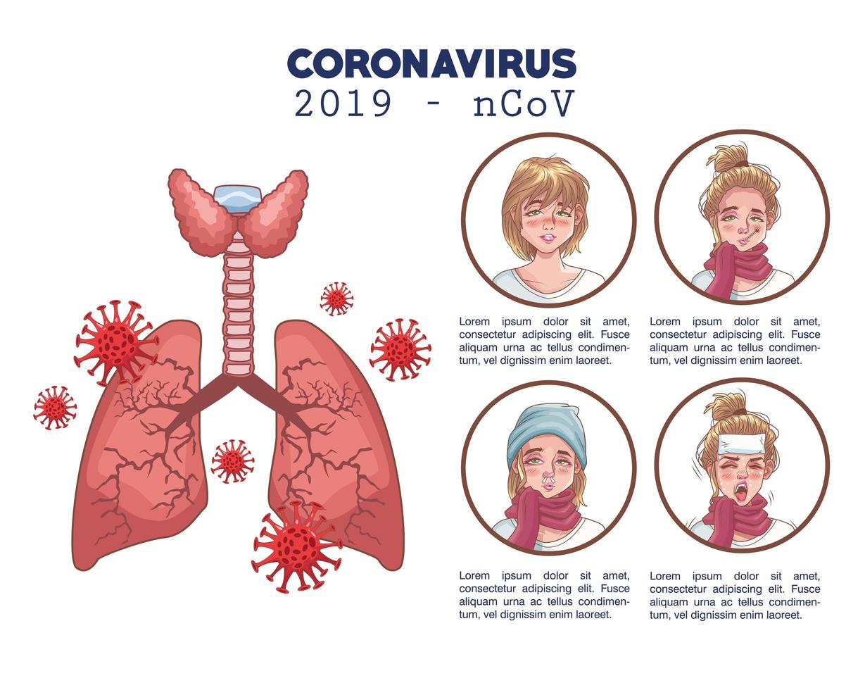 infographie de coronavirus avec symptômes et poumons vecteur