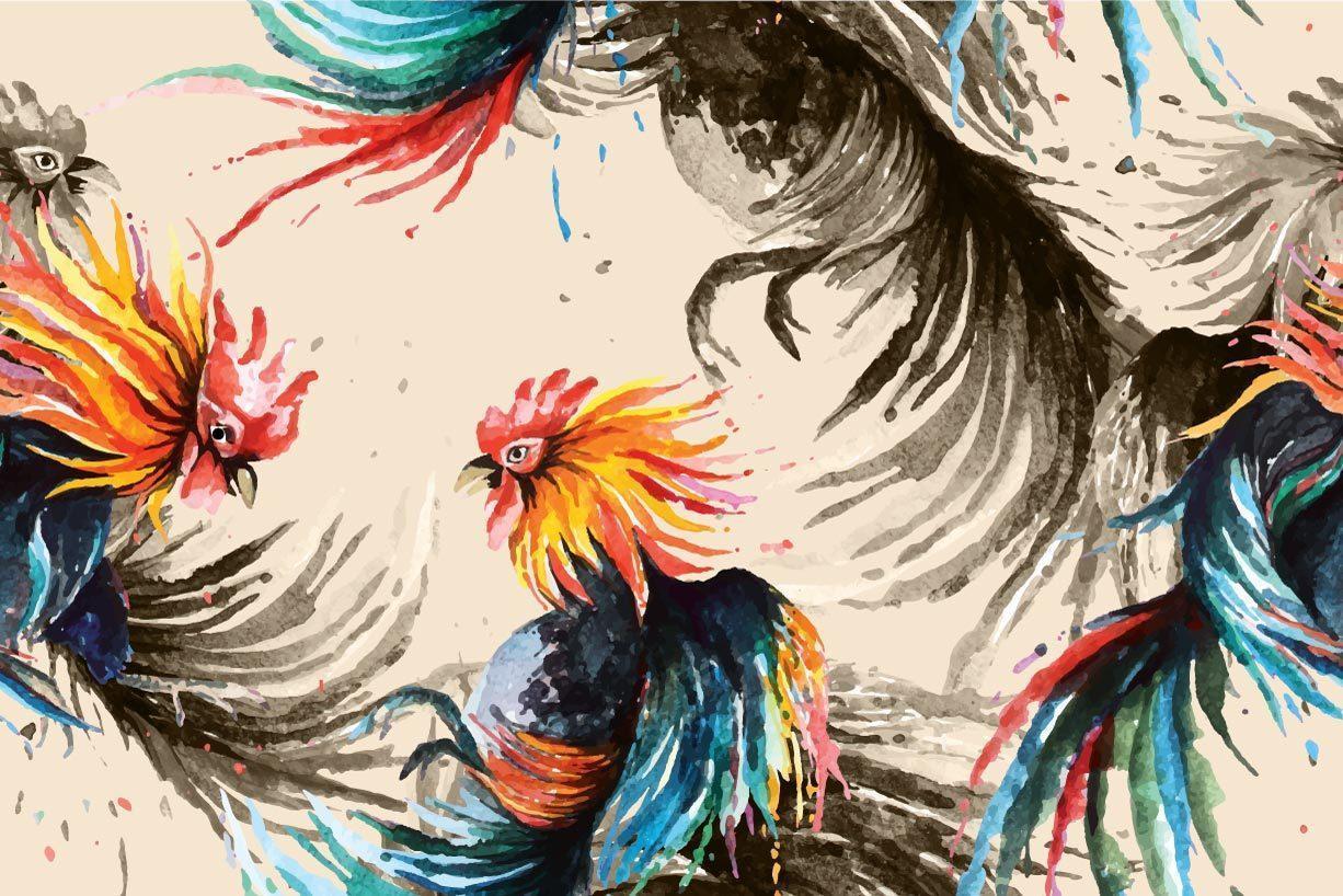 modèle sans couture de coq de combat peint à l'aquarelle vecteur