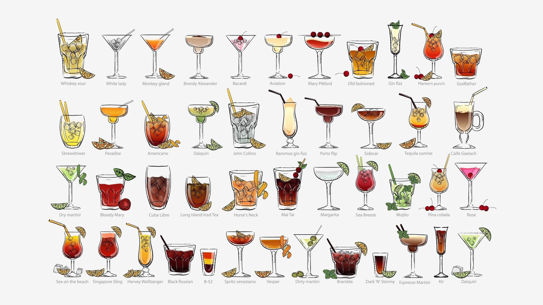 ensemble de cocktails de style dessiné à la main vecteur